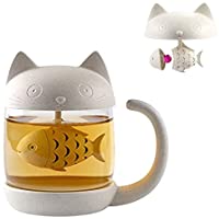 Taza de té de cristal del gato Taza De Agua Bottle-With Fish Tea Filtro filtro de infusión 250ml (8oz) (Blanco)